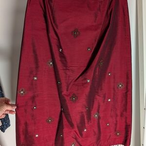 LOFT Burgundy Embroidered Pencil Skirt